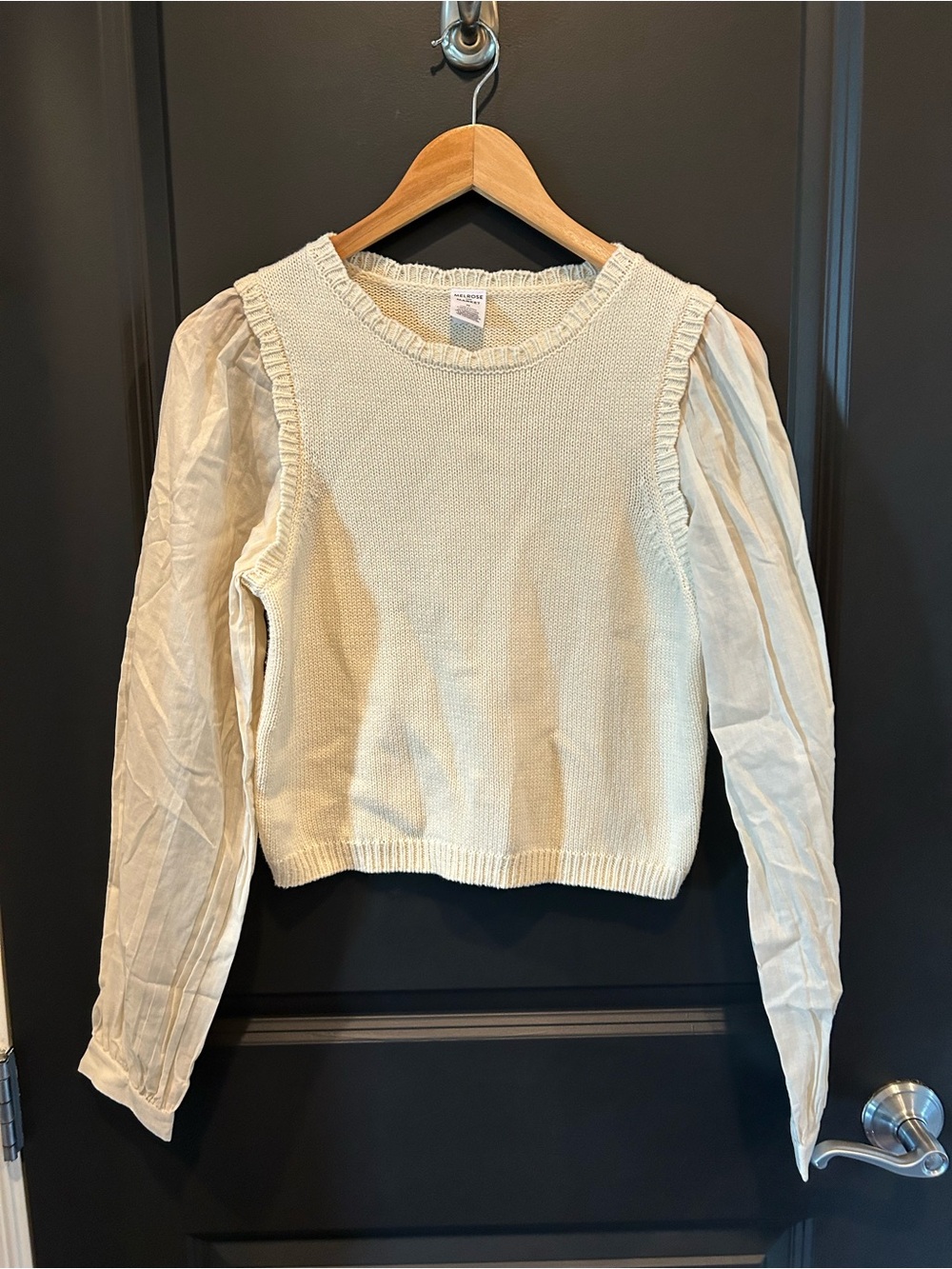 Melrose and Market Cream Sheer-Puff Sleeve Crewneck Sweater